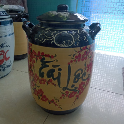 Hũ đựng gạo vẽ cảnh hoa đào tài lộc gốm sứ Bát Tràng loại 20L