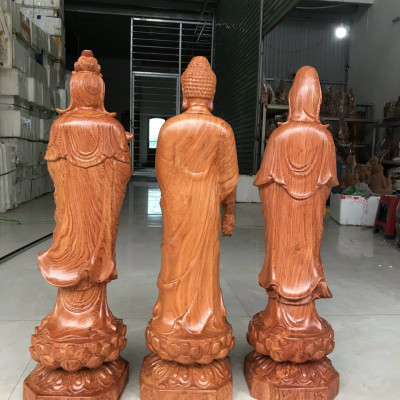 Tượng phật tây phương tam thánh bằng gỗ hương đá liền khối kt cao 60×20×20cm