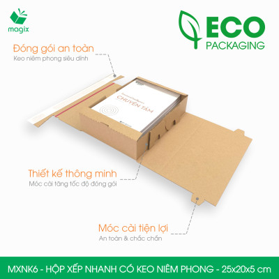 MXNK6 - 25x20x5 cm - 100 hộp carton đóng hàng xếp nhanh có keo niêm phong - Hộp gói hàng, hộp quà