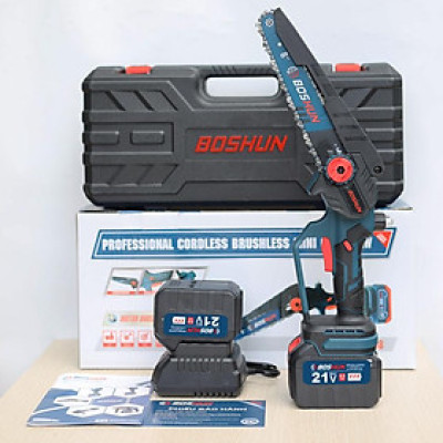 Máy cưa xích pin BOSHUN CS08, Lam xích 8 inch, 2 Pin 15cell, Động cơ Không Chổi Than