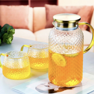 Bình thủy tinh đựng nước vân nhám chịu nhiệt lên tới 400 độ C dáng tròn cao nắp inox 1,8l - ANTH324