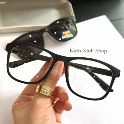 Kính Cận Râm, Gọng Kính Mắt Vuông 2in1 Form To Gọng Nhựa Ultem (Màu Đen)