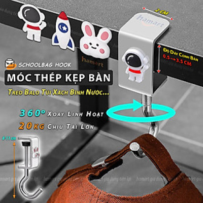 Móc Treo Balo Kẹp Cạnh Bàn Làm Việc Hamart Xoay 360 Treo Cặp Túi Xách Bình Nước Thép Xoắn Ốc Cố Định