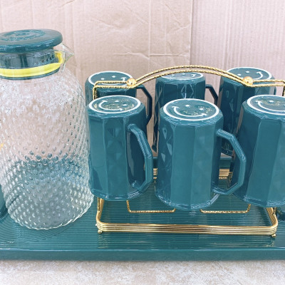 COMBO BÌNH THỦY TINH ĐỰNG NƯỚC UỐNG KÈM 6 CỐC, GIÁ TREO CỐC, KHAY SỨ MÀU XANH CỔ VỊT CHỊU NHIỆT CÁO CẤP - ANTH251