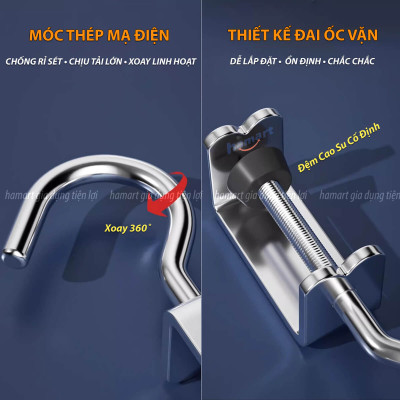 Móc Treo Balo Kẹp Cạnh Bàn Làm Việc Hamart Xoay 360 Treo Cặp Túi Xách Bình Nước Thép Xoắn Ốc Cố Định