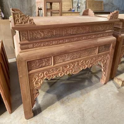 Án gian thờ đục ngũ phúc kim tiền chân 14 gỗ hương đá