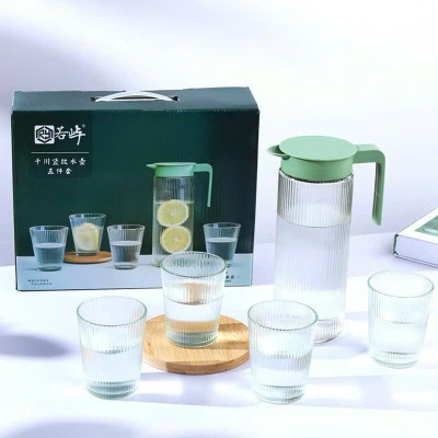 Bình Nước Thủy Tinh Cao Cấp Có Tay Cầm Kèm 4 Cốc, Bộ Ấm Nước 1000ml Vân Sọc Sang Trọng - HÀNG CHÍNH HÃNG MINIIN