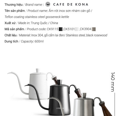 Ấm bình rót nước nóng pha cà phê bằng inox, cán gỗ CAFE DE KONA
