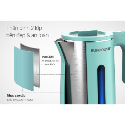 Ấm đun nước siêu tốc Sun house SHD1351 - Bình đun siêu tốc cao cấp inox 2 lớp 1.8L - Hàng chính hãng