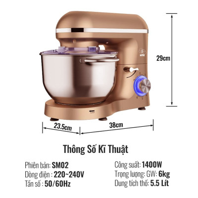 Máy Trộn Thực Phẩm Làm Bánh SM02 Đa Năng 3 Trong 1, Có Nắp Tiếp Liệu, Thố Inox 304 Dung Tích 5.5 Lít, Hàng Chính Hãng