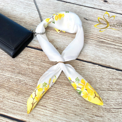 Khăn Lụa Thắt Nơ Cổ Vẽ Tay Mai Vàng SenSilk 55x55cm, Lụa Tơ Tằm Bảo Lộc Thời Trang - Phụ Kiện Lụa Cao Cấp