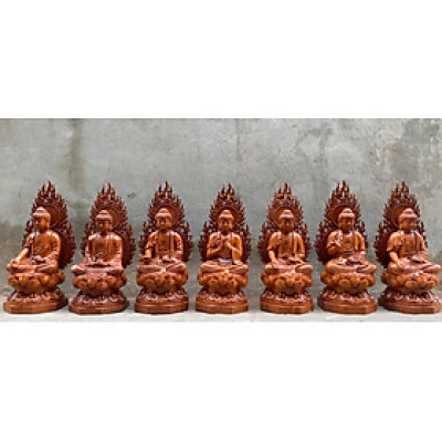 BỘ ĐIÊU KHẮC TƯỢNG PHẬT THẤT PHẬT DƯỢC SƯ BẰNG GỖ HƯƠNG ĐÁ KT CAO 50×25×26CM + LÁ CHẮN HÀO QUANG CAO TỔNG 60CM