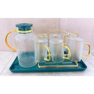 Bộ bình đựng nước 6 cốc ống thủy tinh kèm khay sứ, giá úp cốc kim loại mạ vàng sang trọng