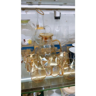 Bình đựng nước uống thủy tinh vàng vân kim cương hạt to