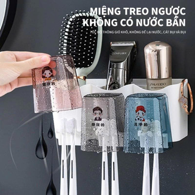 Bộ Nhả Kem Đánh Răng Tự Động – Kệ Bàn Chải Dán Tường, 4 Cốc Tiện Lợi Cho Gia Đình