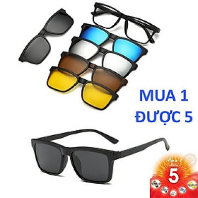 Bộ Kính Cận Râm 5 Tròng Râm Mắt Vuông Gọng Nhựa Đen Cao Cấp