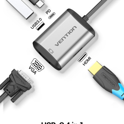 Cáp chuyển USB Type C to HDMI + VGA + USB + PD (87W) Vention TFAHB(4 in 1) - Hàng chính hãng