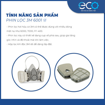 Phin lọc than hoạt tính 3M 6001 lọc hơi hữu cơ, phun thuốc, phun sơn, lọc mùi dùng cho mặt nạ phòng độc 3M chính hãng (1 CẶP)