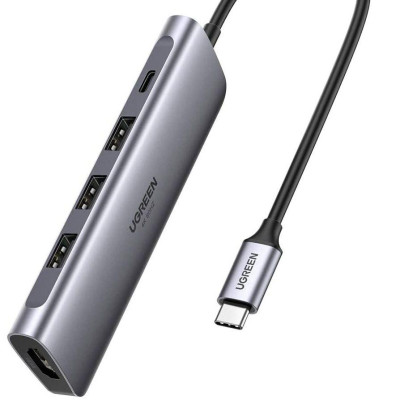 Ugreen UG70495CM136TK 5 trong 1 màu xám bộ chuyển USB type C ra 3*USB 3.1 sạc 100w PD 4K HDMI - HÀNG CHÍNH HÃNG