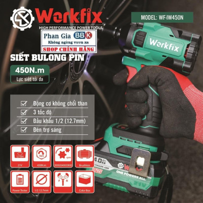Máy Siết Bulong Pin 21V WORKFIX Pin 10 Cell - Lực Siết 450Nm 100% Lõi Đồng Động Cơ Không Chổi Than (Bảo Hành 1 Năm)