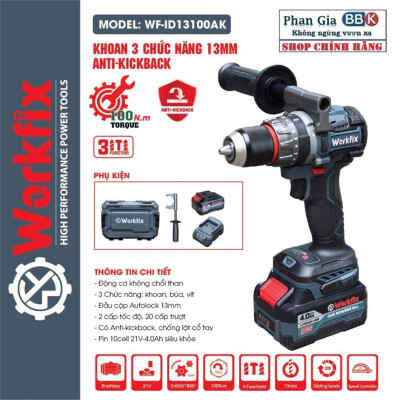 Máy Khoan Workfix WF-ID13100AK 13mm Lực Siết 100Nm 3 Chức Năng , Không Chổi Than ( chính hãƞg)