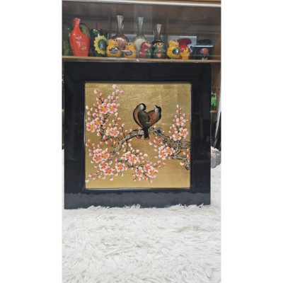 Tranh sơn mài - UYÊN ƯƠNG TRÊN CÀNH ĐÀO - Nền dát vàng/bạc cao cấp