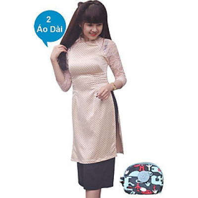 Combo 2 Áo Dài Lụa Chấm Bi FATRALY - Nude + Ví Cầm Tay