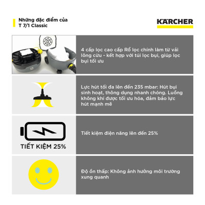[Sản xuất Châu Âu] Máy hút bụi khô công nghiệp Karcher T 7/1 Classic - Hàng chính hãng
