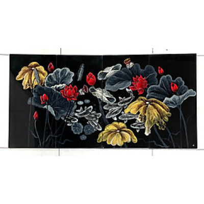 Bộ Tranh sơn mài Thanh Bình Lê 4 tấm- Hoa Sen  đắp nổi 3D size 60x120 cm hàng xuất khẩu