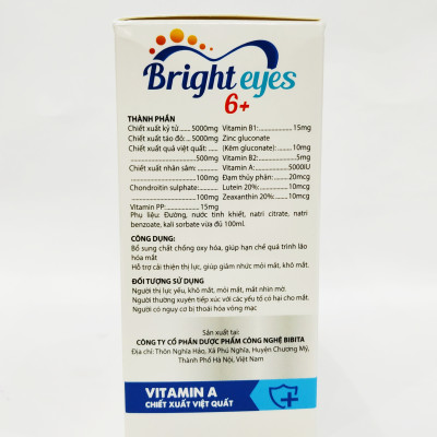 SIRO BỔ MẮT BRIGHT EYES 6+ BỔ SUNG VITAMIN A VÀ CÁC CHẤT CẦN THIẾT GIÚP TRẺ CÓ ĐÔI MẮT SÁNG KHỎE - GIẢM MỎI MẮT, KHÔ MẮT, MỜ MẮT – HẠN CHẾ CẬN THỊ - KHỎI LO CÁC BỆNH VỀ MẮT - HỘP 20 ỐNG NHỰA BẺ