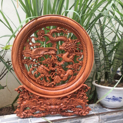 Đĩa trang trí phong thủy trạm khắc tứ linh bằng gỗ hương đá kt mặt rộng 50×4,5cm