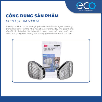 Phin lọc than hoạt tính 3M 6001 lọc hơi hữu cơ, phun thuốc, phun sơn, lọc mùi dùng cho mặt nạ phòng độc 3M chính hãng (1 CẶP)