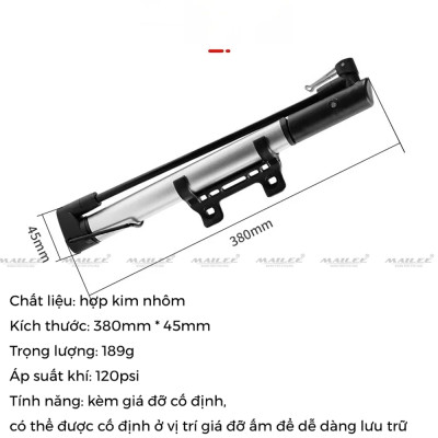 Bơm Xe Đạp Mini Dạng Đứng Áp Suất Cao 120psi B-2729 Thân nhôm gắn sườn xe tương thích Van Xe Phổ Thông và Van Nhọn (có kèm pad gắn) - Mai Lee