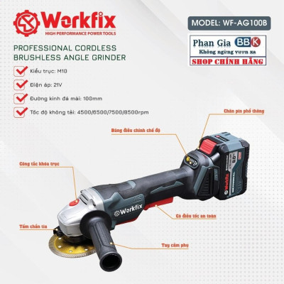 Máy Mài Pin WORKFIX 21V, Không Chổi Than, Pin 15 Cell, Lõi Đồng, Chống Khởi Động Lại, Tự Ngắt Khi Rơi Máy