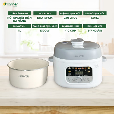 (HÀNG CHÍNH HÃNG) NỒI ÁP SUẤT ĐIỆN ĐA NĂNG DREAMER DKA-EPC14, 11 chức năng, 10 lớp bảo vệ an toàn, 2 nắp nồi, công suất 1300W, BH 12 tháng