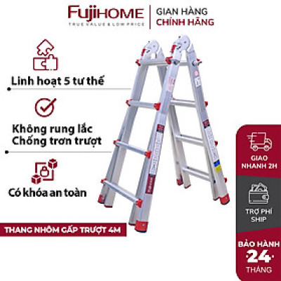 Thang nhôm trượt đa năng FUJIHOME ML44, thang gấp rút 4 đoạn cao chữ A 2m, chữ I 4 m linh hoạt 5 kích thước-Hàng chính hãng