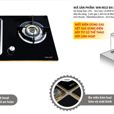 Bếp Gas Âm Kết Hợp Bếp Điện Từ Cảm Ứng OWANI WN-901S - Hàng Chính Hãng