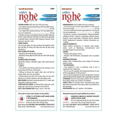 Combo 2 Chai Viên uống giảm đau dạ dày, tăng đề kháng, ngừa ung thư Viên Nghệ DOMESCO - Hộp 180 viên