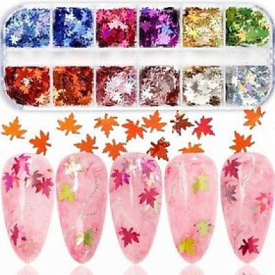 Set Kim Tuyến 12 Màu Lá Phong Bướm Sequin Làm Nail Siêu Lấp Lánh, Lá Thông Siêu Mỏng Dễ Đắp, Tạo Móng Sinh Động