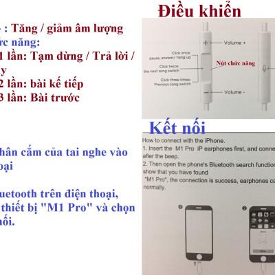 Tai nghe nhét tai có mic chân ip kết nối bluetooth cho điện thoại ip hoco M1 PRO _ Hàng chính hãng