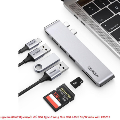 Ugreen UG60560CM251TK macbook pro air 2 cổng USB Type C Bộ chuyển đổi sang 3x Hub USB 3.0 + SD/TF + nguồn PD màu xám bằng nhôm - HÀNG CHÍNH HÃNG