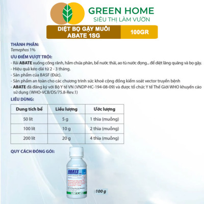 Chế Phẩm Diệt Bọ Gậy, Muỗi Greenhome, Abate 1SG, Chai 100Gr, Ngắn Ngừa Bệnh Sốt Xuất Huyết, Sốt Rét
