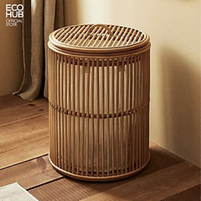 Giỏ mây hình trụ có nắp ECOHUB vintage đựng đồ, decor đẹp mắt