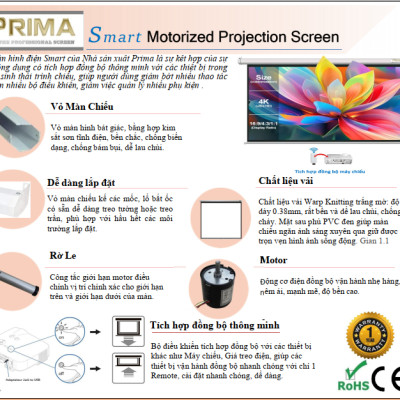 Màn chiếu điện tích hợp đồng bộ máy chiếu - hiệu Prima - Apollo chuyên phim và giải trí- Không cần cài đặt. Đủ kích thước từ 92 inch, 100 inch, 120 inch và 150 inch - Hàng nhập khẩu