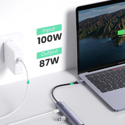Ugreen UG10919CM418TK 5 trong 1 4K60Hz PD 100W 1000Mbps màu xám Bộ chuyển type c ra 2 * USB 3.0 A + HDMI + RJ45 giga + PD - HÀNG CHÍNH HÃNG