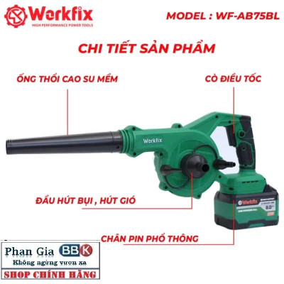 Máy thổi hút bụi pin WORKFIX WF-AB775BL, Động cơ Không chổi than, 2 chức năng, Cò điều tốc