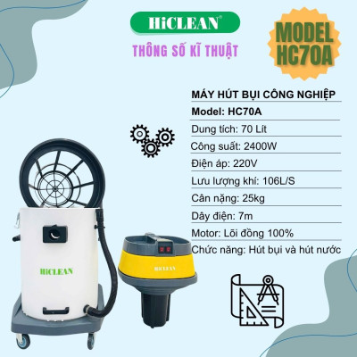 Máy hút bụi công nghiệp HiClean HC70A (thùng nhựa chống va đập, 70L) - Hàng chính hãng