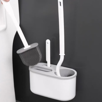 Bộ 3 Bàn Chải Vệ Sinh Toilet Cán Dài 360 Độ Silicon Có Khay Đựng Treo Tường Dùng Vệ Sinh Nhà Tắm Tiện Dụng Giao Màu Ngẫu Nhiên