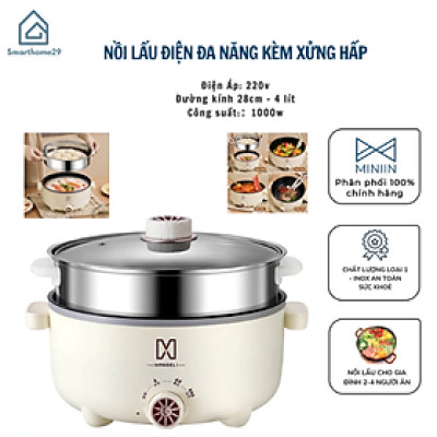 Nồi Lẩu Điện Đa Năng Mini Chống Dính Vân Đá Cao Cấp Công Suất 1000W, Nồi Điện Đa Năng Kèm Xửng Hấp Inox 28cm Dung Tích 4L Phù Hợp Cho Gia đình -Hàng Chính hãng MINIIN