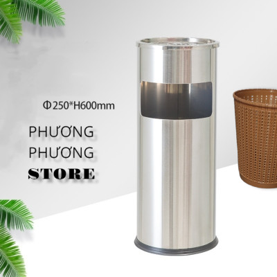 HÀNG CAO CẤP - Thùng rác inox tròn, thùng rác inox gạt tàn tròn ( Tặng sọt tròn mây )